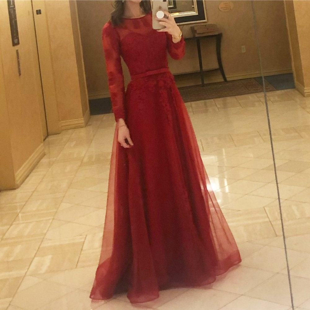 Custom-Made Red Long Sleeve Modest Lace Gown